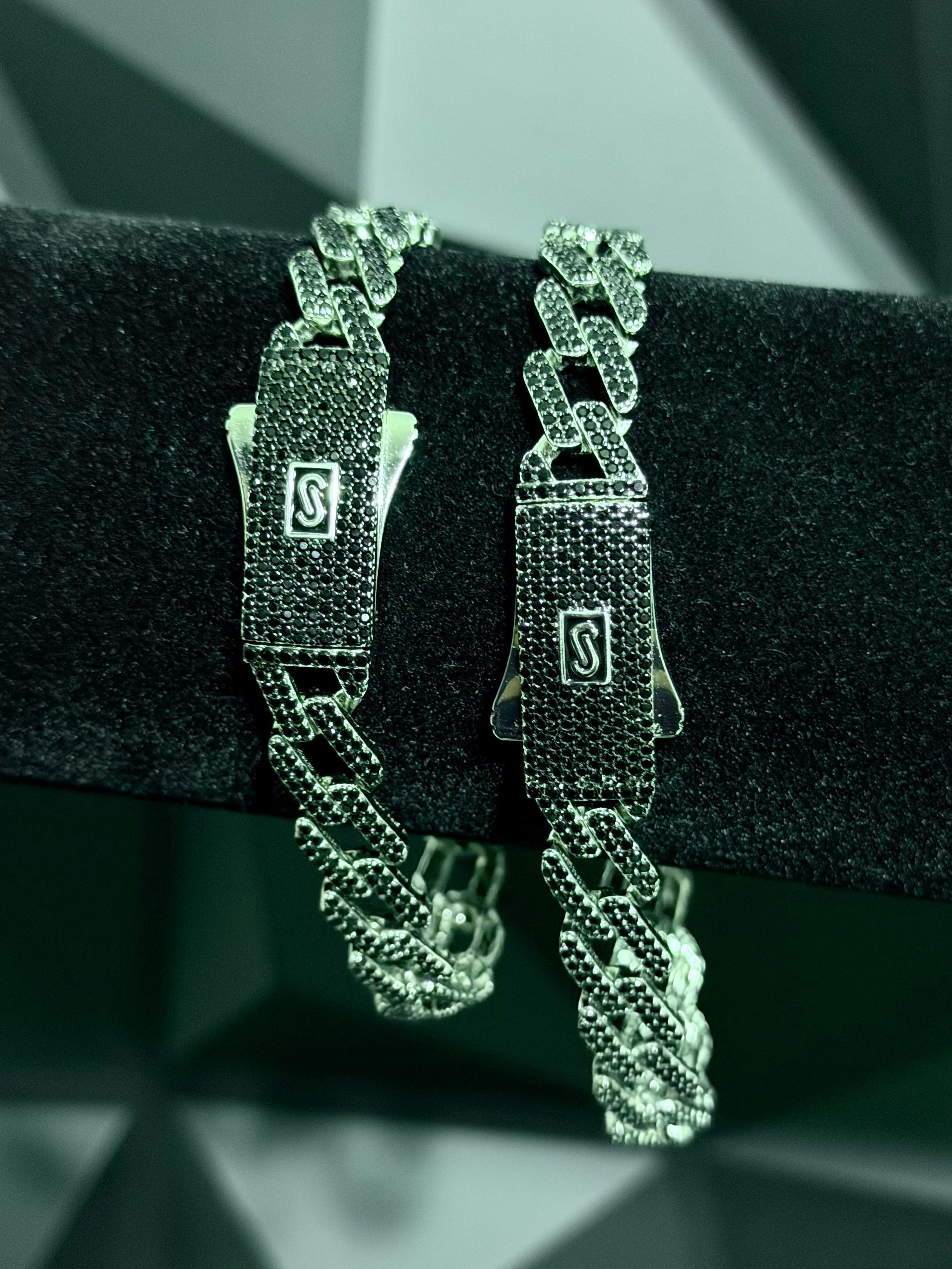 Pulsera Monaco Zigzag 10mm Negra Plata .925