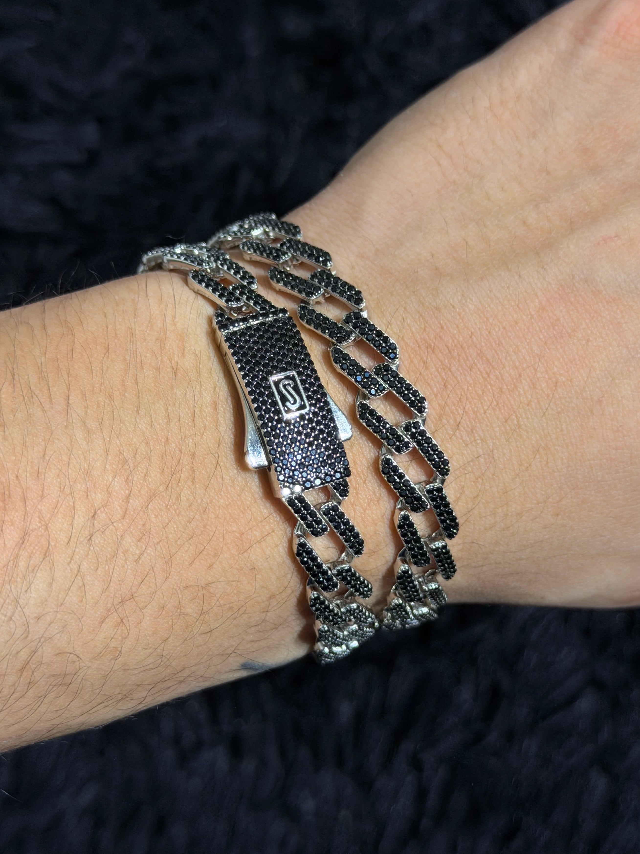 Pulsera Monaco Zigzag 10mm Negra Plata .925